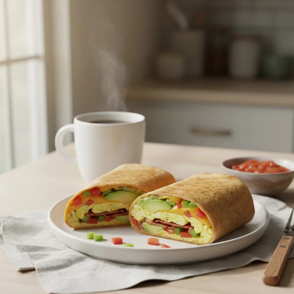 Sliced breakfast burrito served with salsa and coffee.