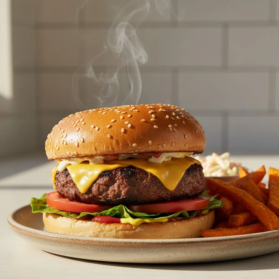 Finished bison cheeseburger served hot with sides.