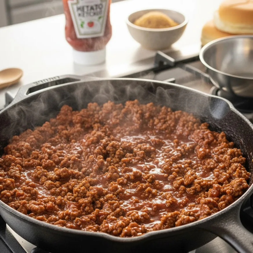 Sloppy joe mixture simmering in skillet with thickened sauce.