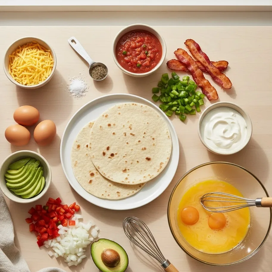 Breakfast burrito ingredients arranged neatly on a light kitchen counter.