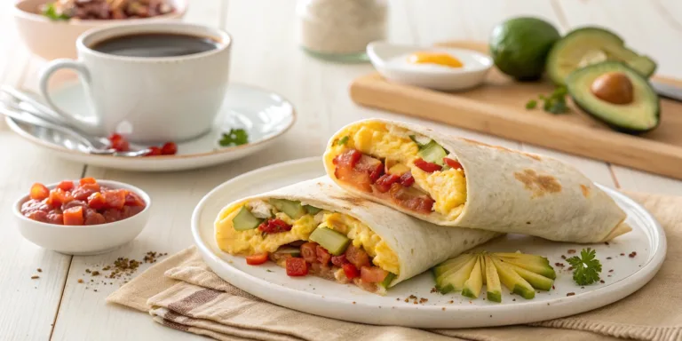 Simple Breakfast Burrito Recipe cut in half showing eggs, turkey bacon and cheese filling on a plate.