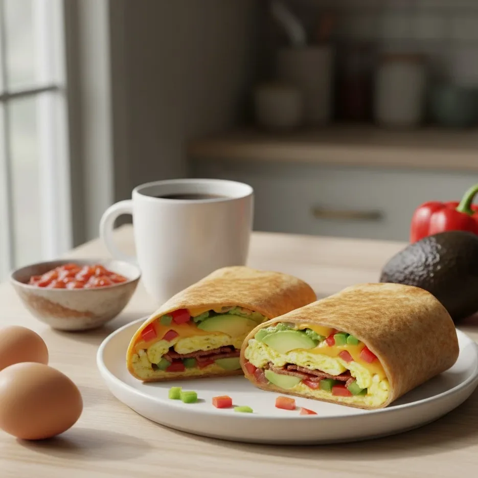 simple breakfast Burrito Recipe cut in half showing eggs, turkey bacon, and cheese filling on a plate.