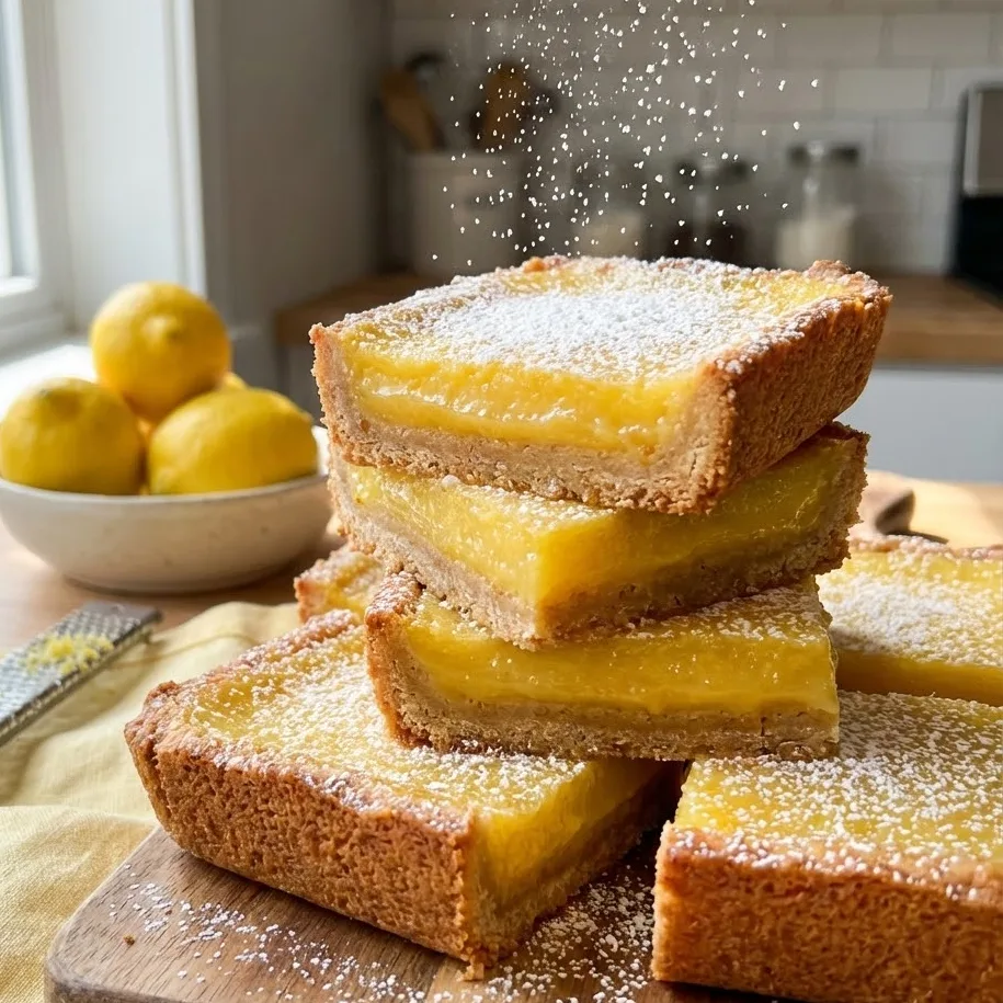 Close-up stack of gluten free lemon bars with powdered sugar and fresh lemons in the background.