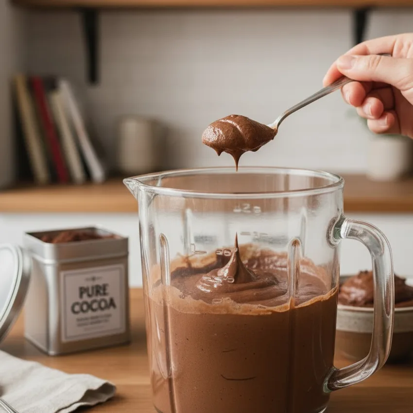 Person tasting chocolate mousse mixture with a spoon from blender.