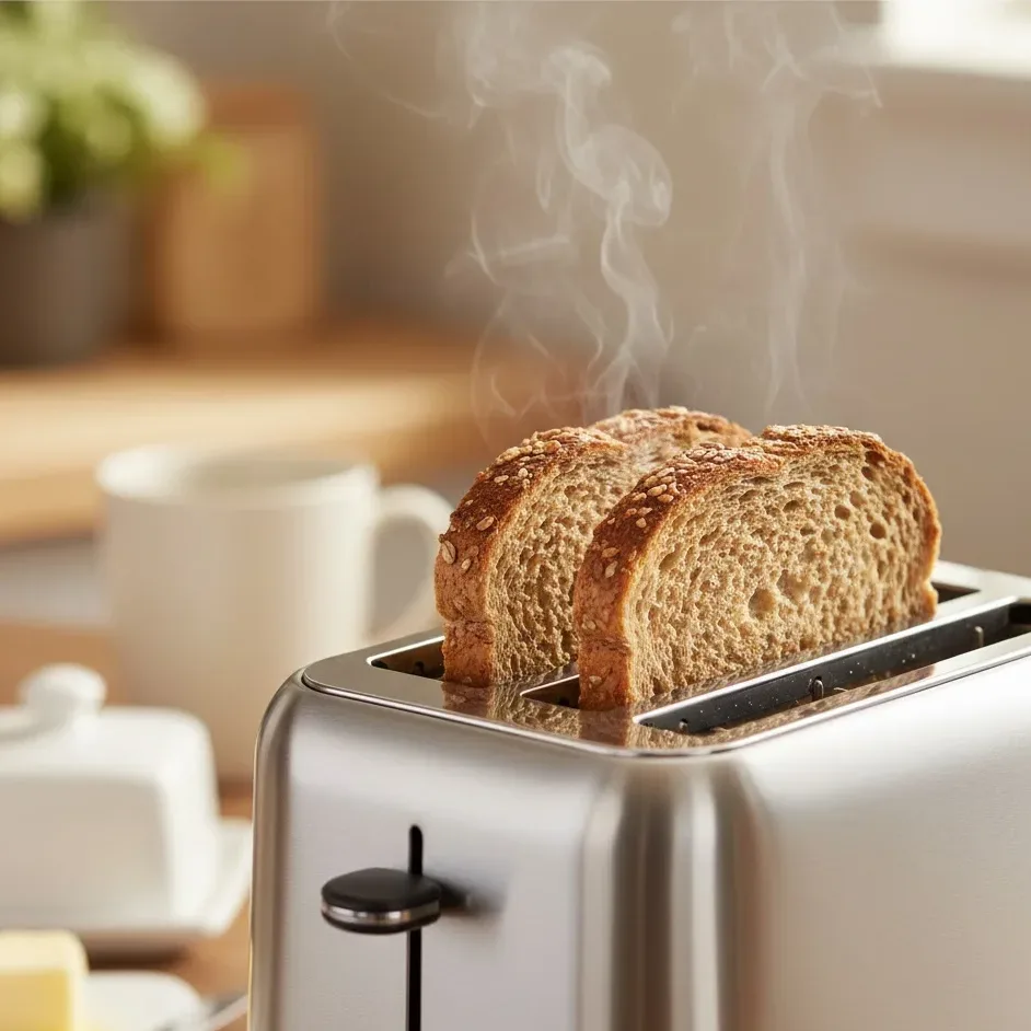 Whole-grain bread slices toasting to golden brown for avocado toast with egg.