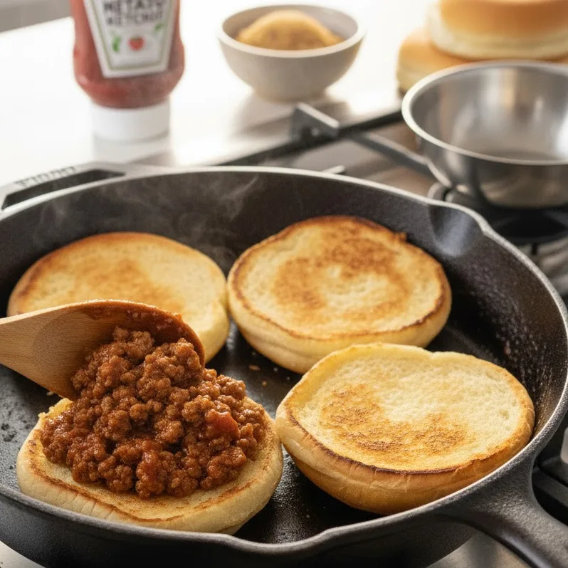 Toasting hamburger buns and filling them with sloppy joe mixture.