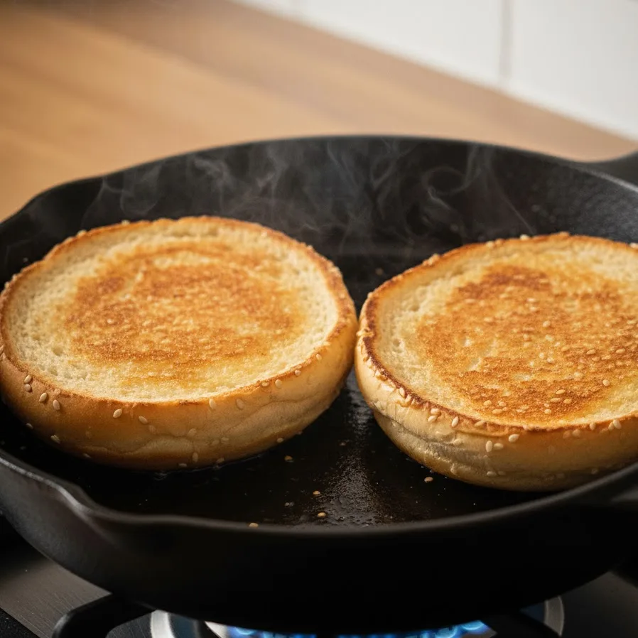 Burger buns toasting on a grill for the bison cheeseburger recipe.