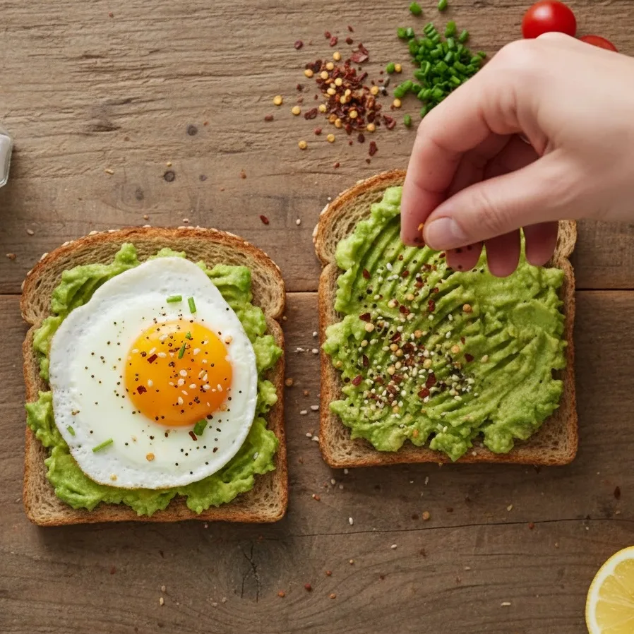 Sprinkling herbs and pepper flakes over avocado toast with egg before serving.