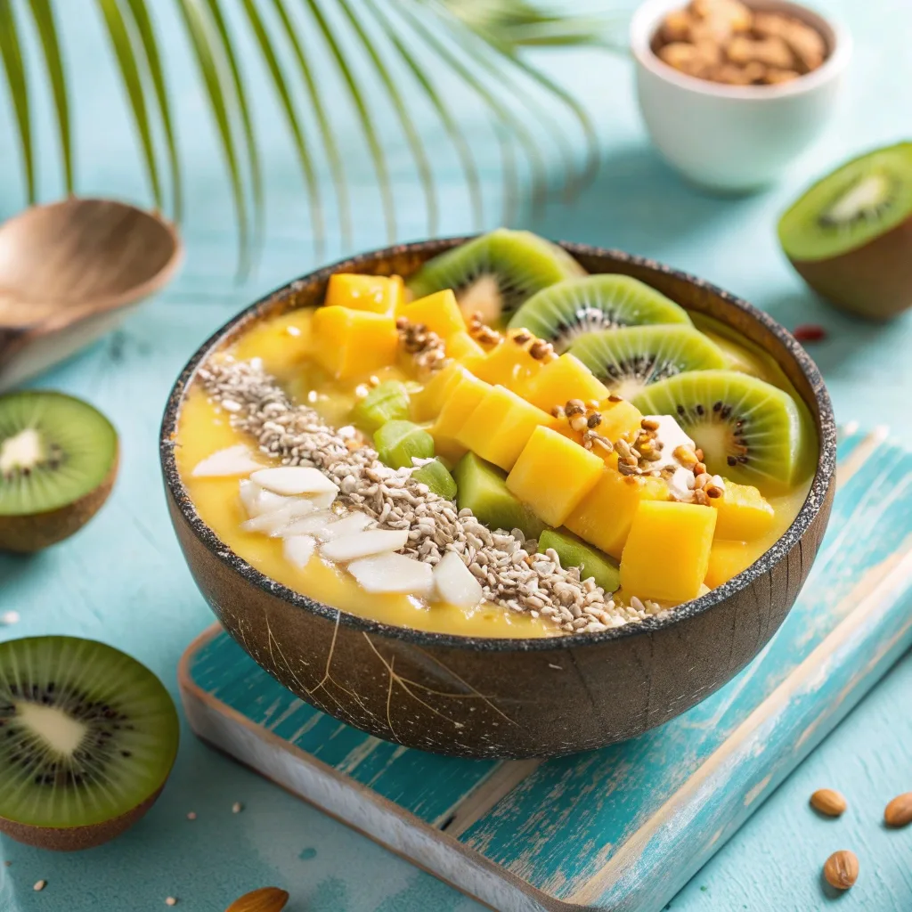 Tropical smoothie bowl with mango, pineapple, kiwi, and coconut toppings.