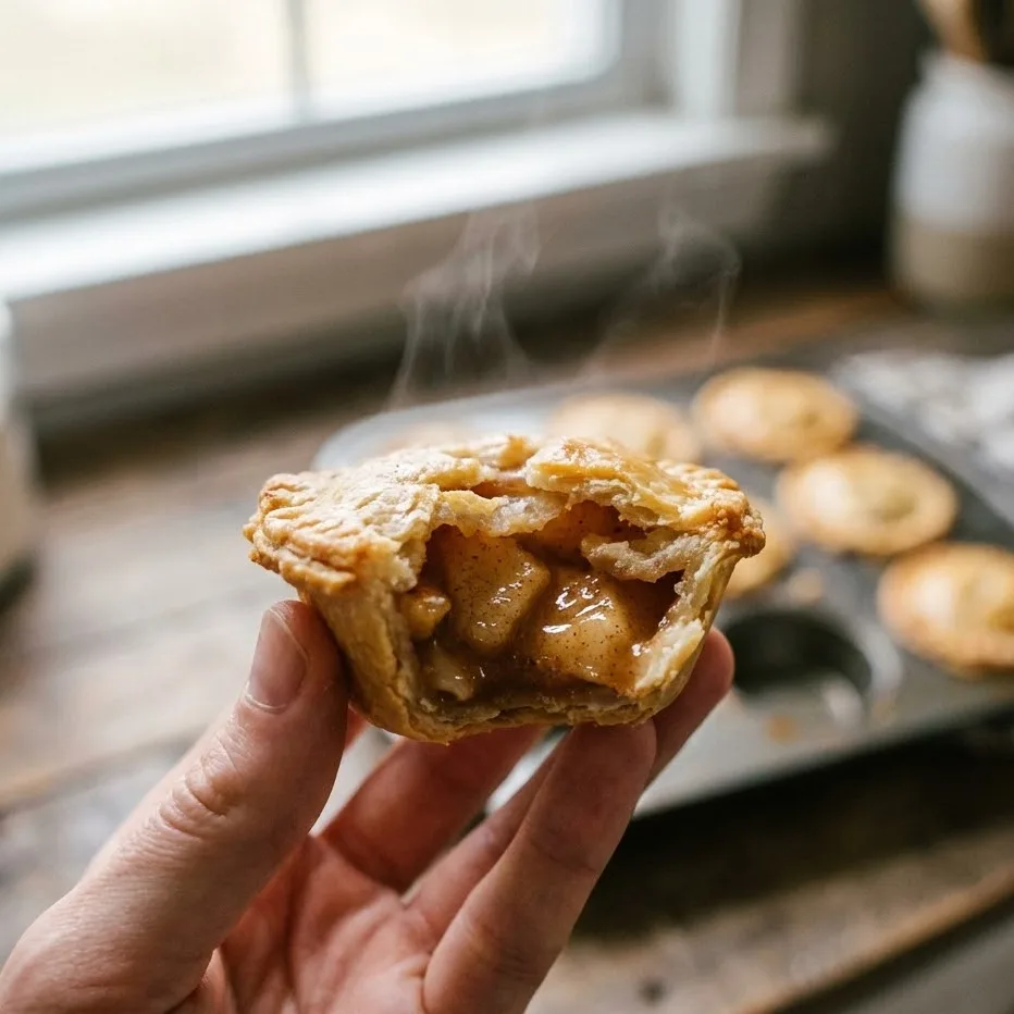 Hand holding a warm mini apple pie with cinnamon apple filling inside.