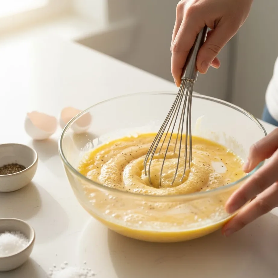 Whisking eggs with milk, salt, and pepper in a glass bowl.
