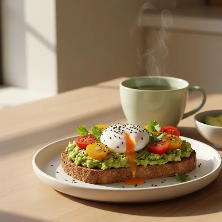healthy Avocado toast with poached egg and cherry tomatoes on a plate.