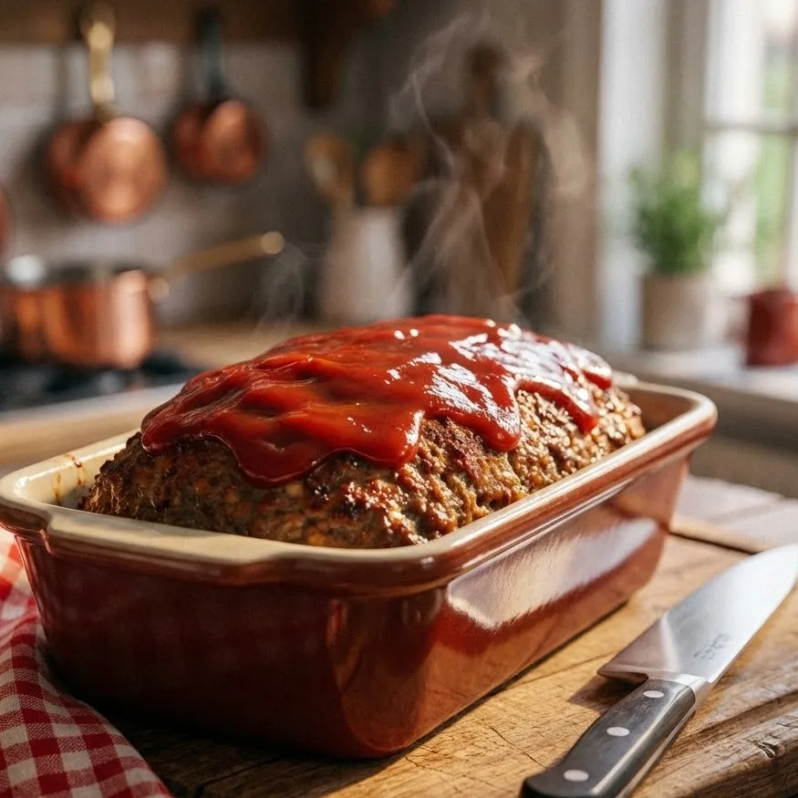 Freshly baked Cracker Barrel meatloaf in loaf pan topped with sweet glaze cooling on counter.