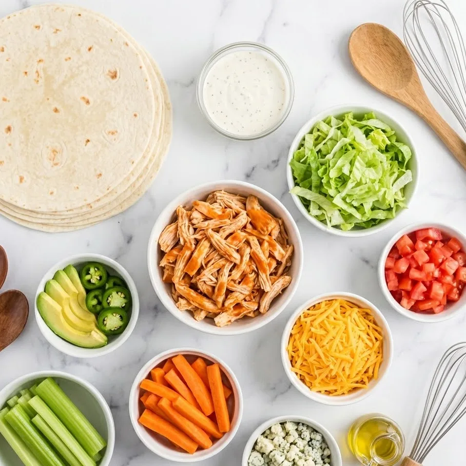Ingredients for buffalo chicken wrap recipe including chicken, tortillas, buffalo sauce, ranch, and vegetables