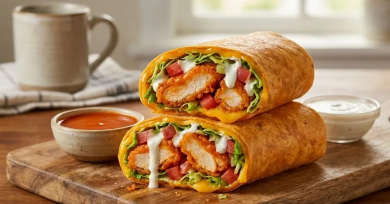 Buffalo chicken wrap recipe with crispy chicken, lettuce, tomatoes, cheese, and ranch dressing in a soft tortilla