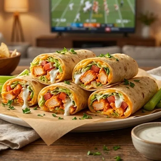 Buffalo chicken wrap recipe served sliced with extra ranch and buffalo sauce for dipping