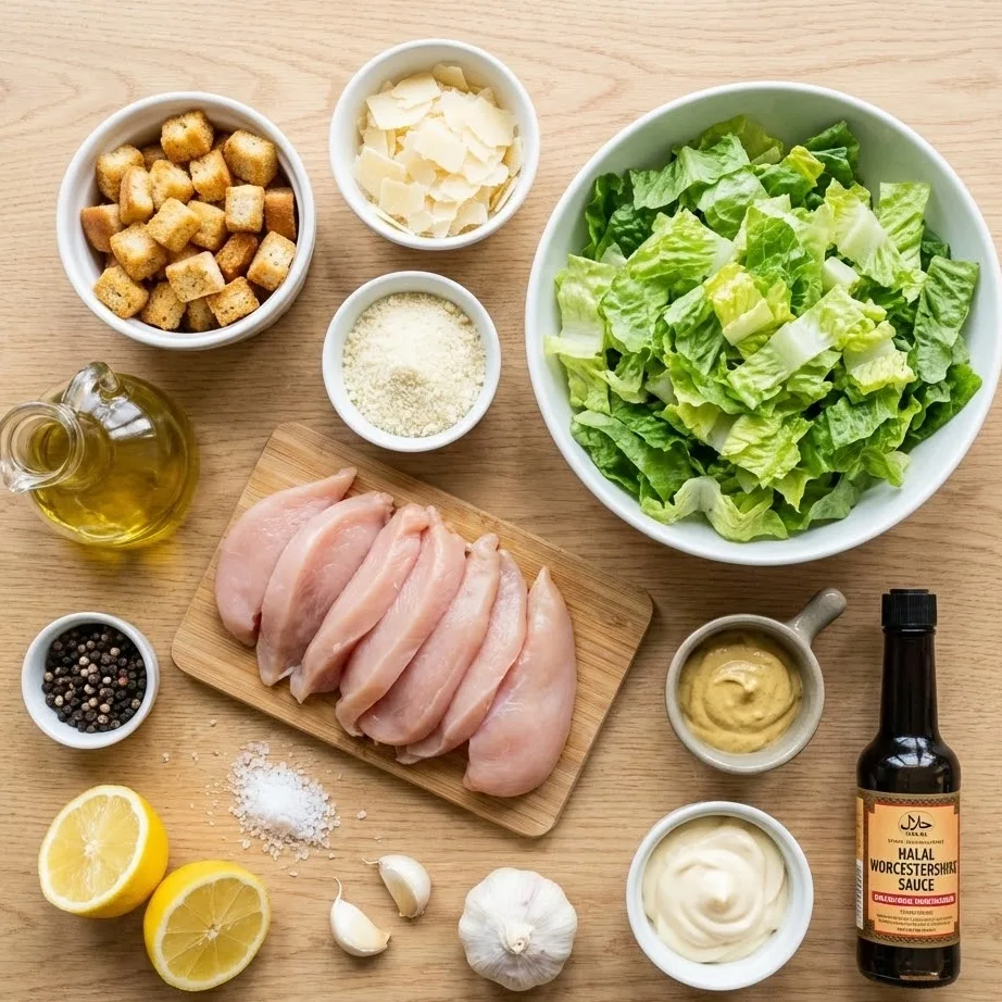Ingredients for Caesar Chicken Salad including chicken breast, romaine lettuce, croutons, Parmesan, and Caesar dressing