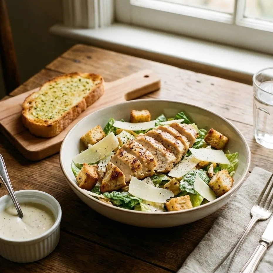 Caesar Chicken Salad served with garlic bread for a complete and satisfying meal