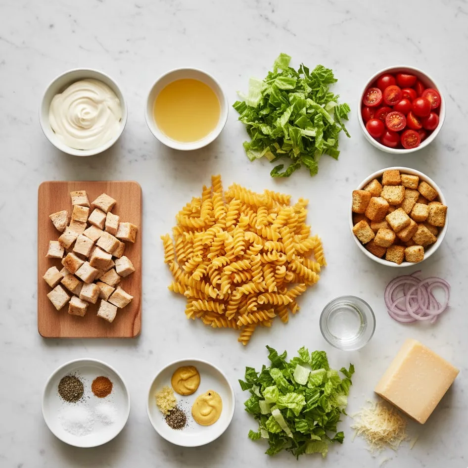 Ingredients for chicken caesar pasta salad including pasta, chicken, romaine lettuce, Parmesan, and dressing