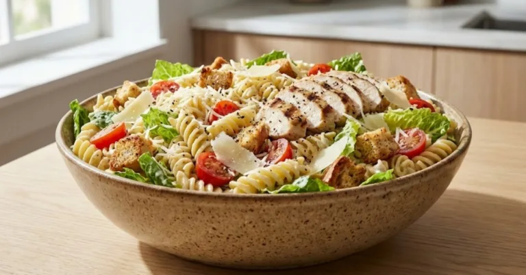 Chicken caesar pasta salad with grilled chicken, romaine lettuce, croutons, and creamy Caesar dressing