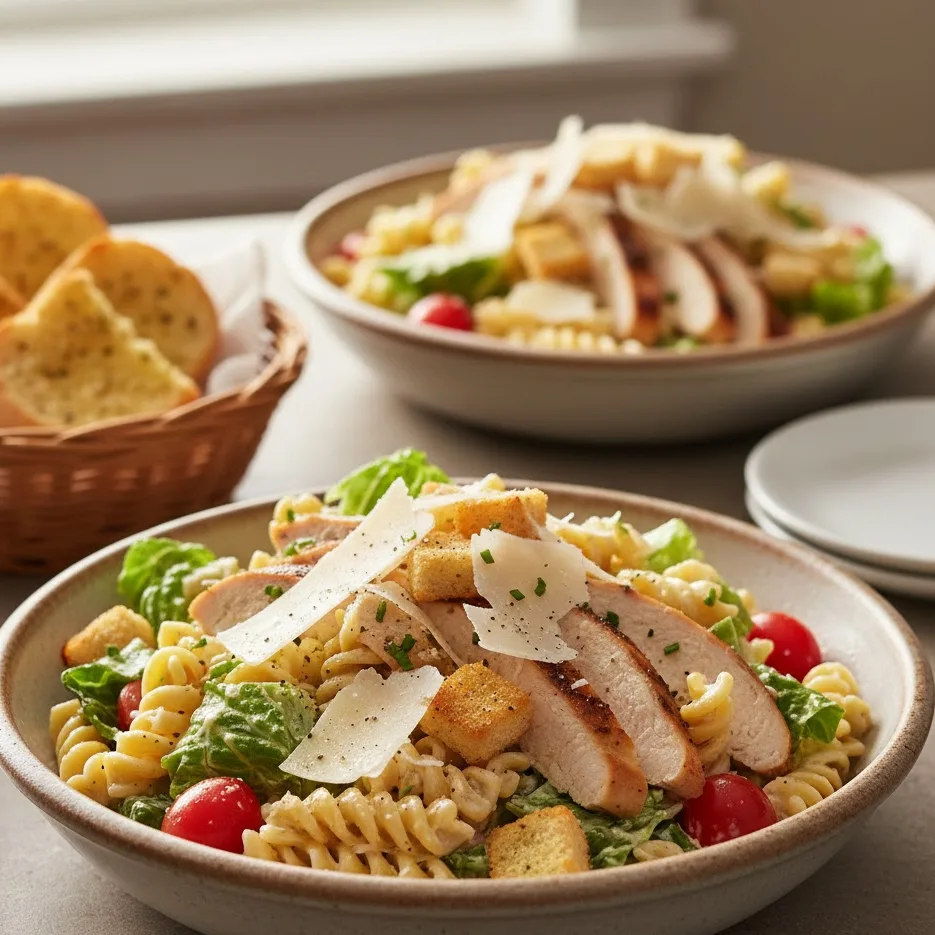 Chicken caesar pasta salad served in individual bowls with extra Parmesan and croutons