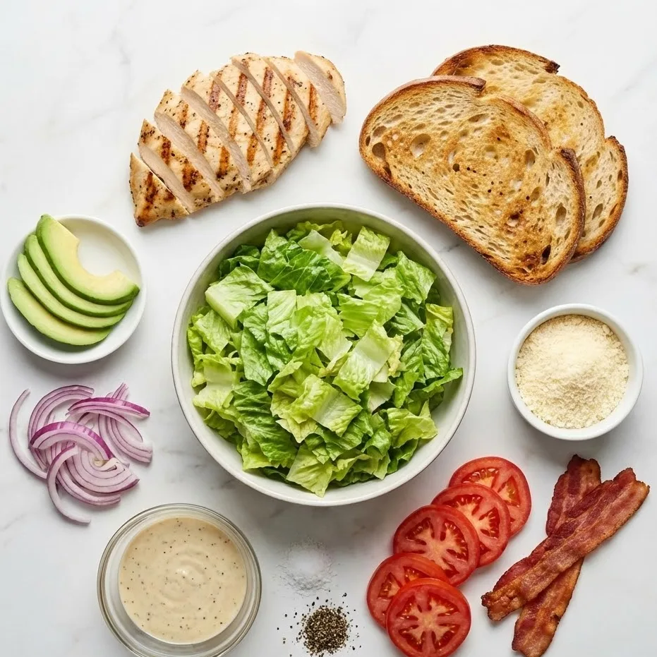 Ingredients for chicken caesar salad sandwich including chicken, romaine, parmesan, bread, and caesar dressing