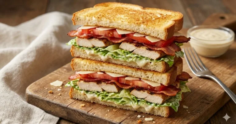 Chicken caesar salad sandwich with grilled chicken, romaine lettuce, parmesan, and crispy bacon on toasted bread