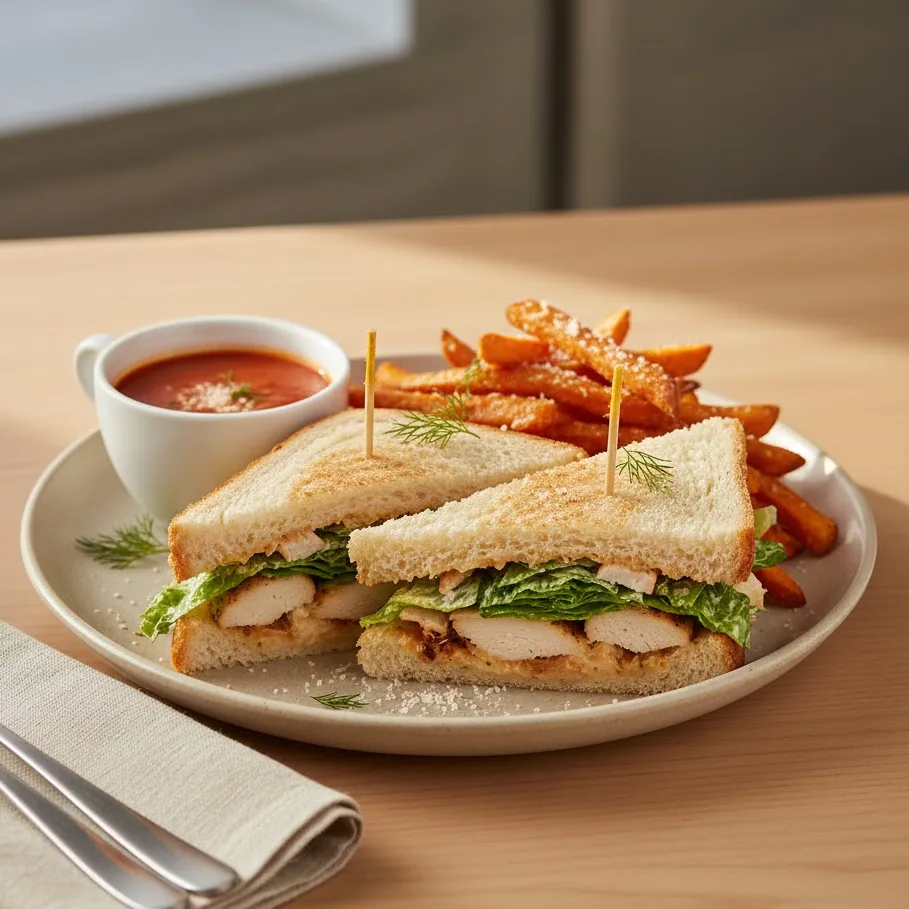 Chicken caesar salad sandwich served with sweet potato fries for a complete lunch