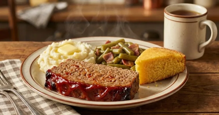 Slice of Cracker Barrel meatloaf served with mashed potatoes and green beans hearty comfort food dinner.