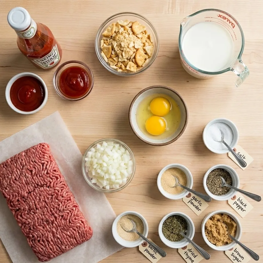 Ingredients for Cracker Barrel meatloaf recipe including beef, eggs, crackers, onions, and ketchup.