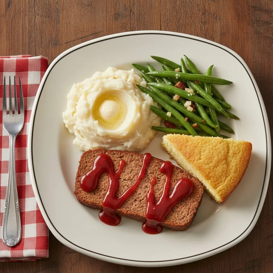 Sliced Cracker Barrel meatloaf with mashed potatoes, cornbread, and vegetables on a dinner plate.