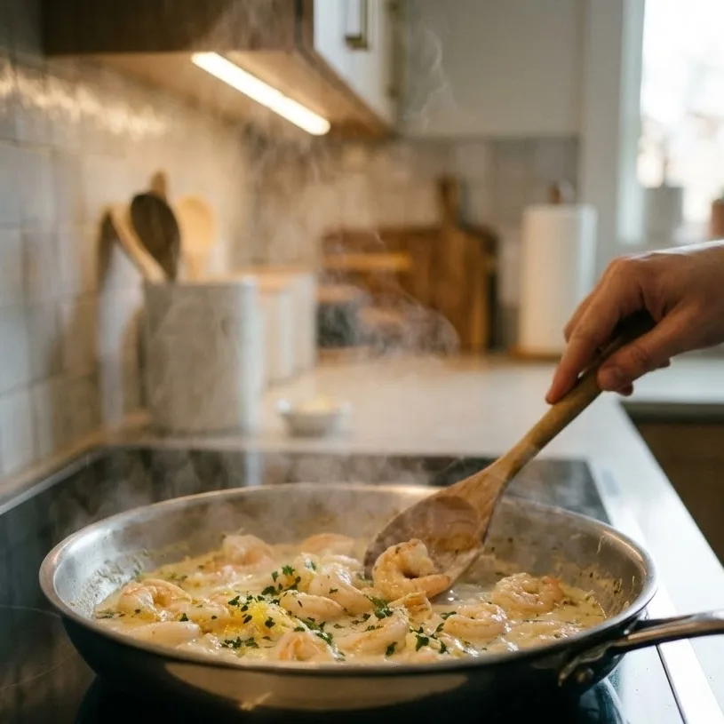 Creamy shrimp scampi recipe cooking in a skillet with garlic butter sauce and seared shrimp on the stovetop