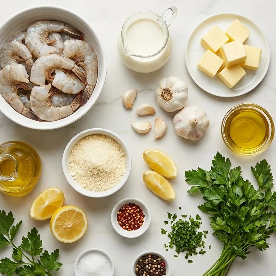 Ingredients for creamy shrimp scampi recipe including shrimp, garlic, butter, cream, Parmesan, lemon, and parsley
