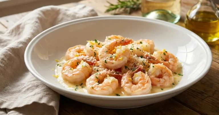 Creamy shrimp scampi recipe with garlic butter sauce, tender shrimp, Parmesan, and fresh parsley in a white bowl