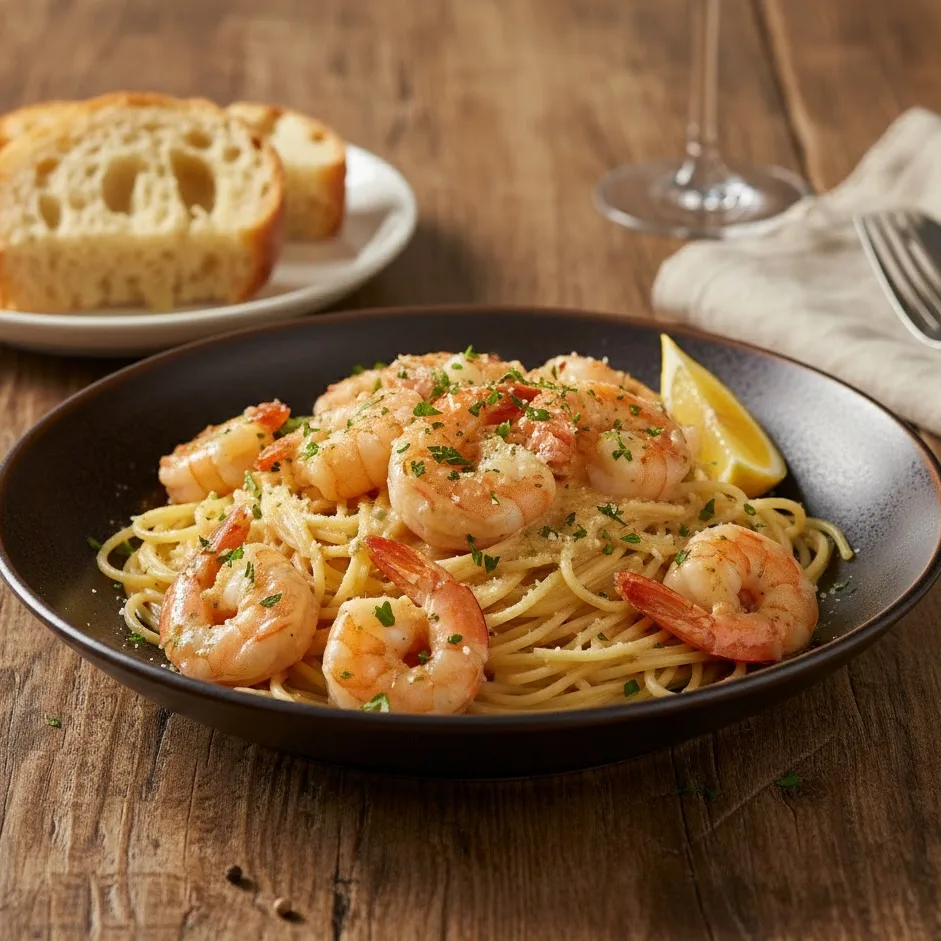 Creamy shrimp scampi recipe served over pasta with Parmesan, parsley, lemon wedges, and crusty bread