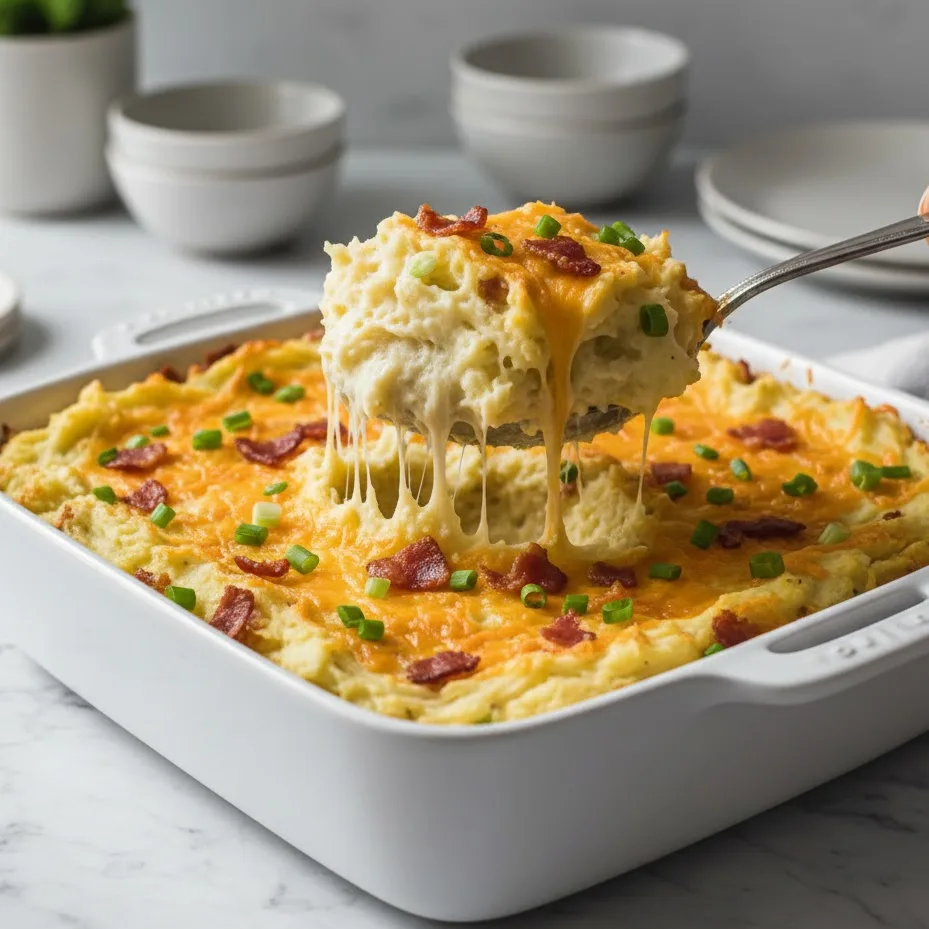 Spoon serving a creamy twice baked potato casserole with cheese, bacon, and green onions