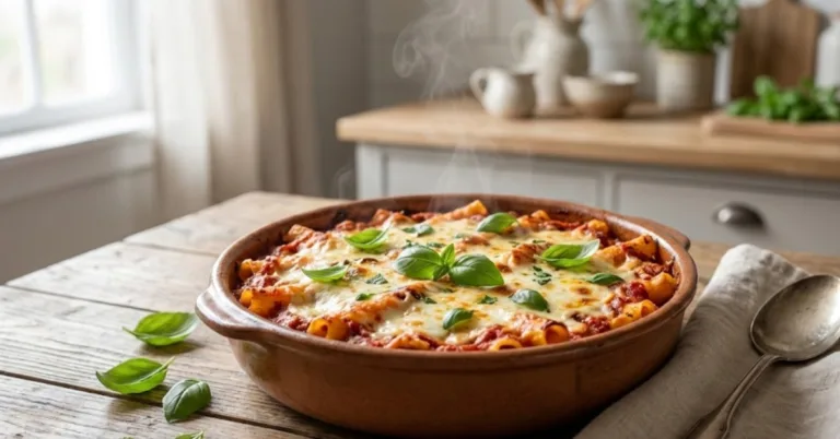 Creamy vegan baked ziti with marinara sauce, cashew ricotta, and melted vegan mozzarella, baked until golden and bubbly