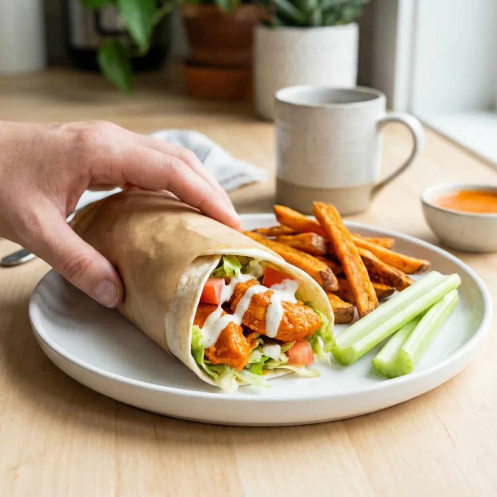 Easy buffalo chicken wrap recipe served with fries and celery for a quick lunch or dinner