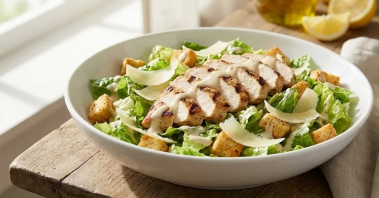 Fresh Caesar Chicken Salad with grilled chicken, romaine lettuce, croutons, and creamy Caesar dressing in a white bowl