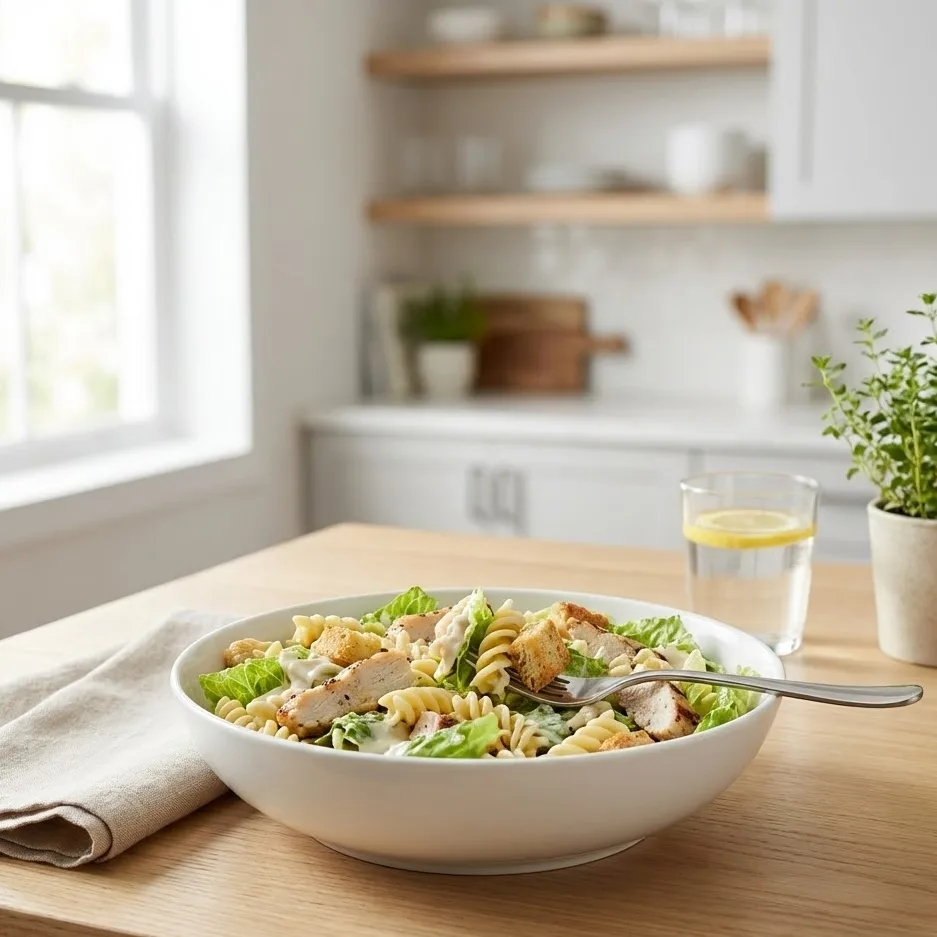 Creamy chicken caesar pasta salad served fresh in a bowl for a quick and easy meal