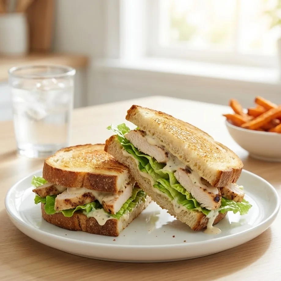 Fresh chicken caesar salad sandwich served on a plate for a quick and easy lunch