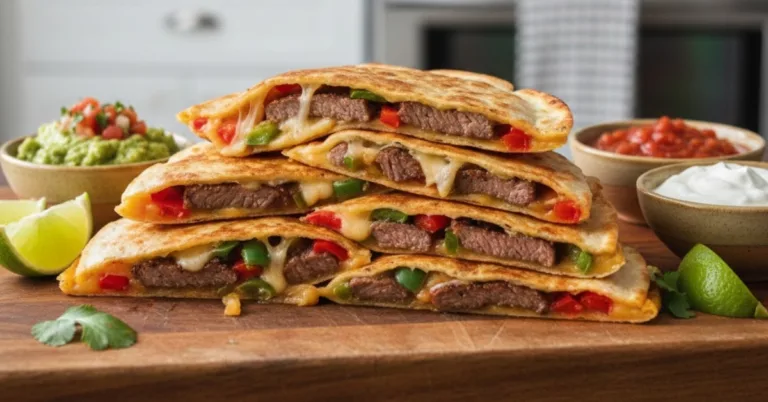 Steak quesadilla sliced into wedges with melted cheese, peppers, and onions served with salsa and guacamole