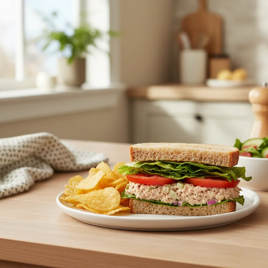 Easy tuna salad sandwich served for lunch with simple ingredients and fresh vegetables