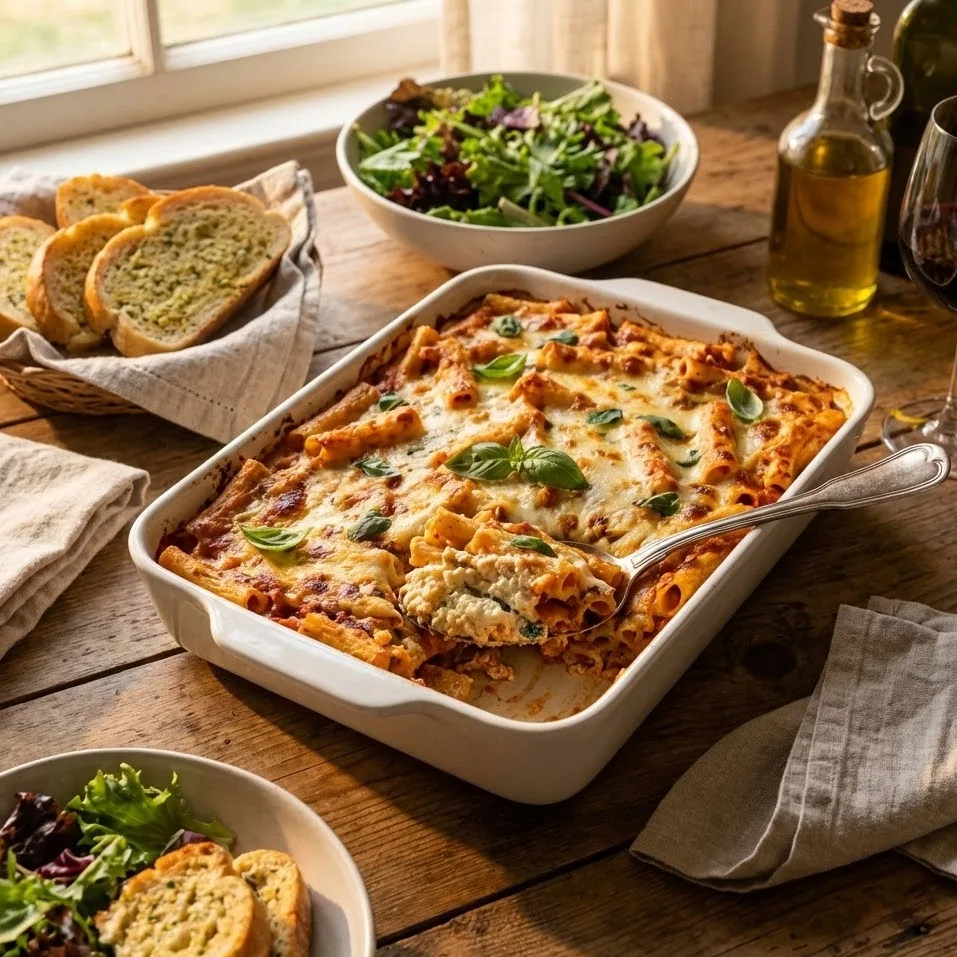 Vegan baked ziti served family-style in a baking dish with creamy layers and fresh basil on top