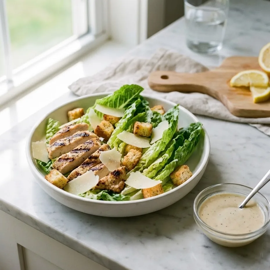 Homemade Caesar Chicken Salad served fresh with grilled chicken, romaine lettuce, Parmesan, and Caesar dressing