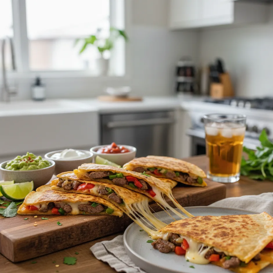 Golden steak quesadilla folded and sliced, showing melted cheese and juicy beef on a dinner plate