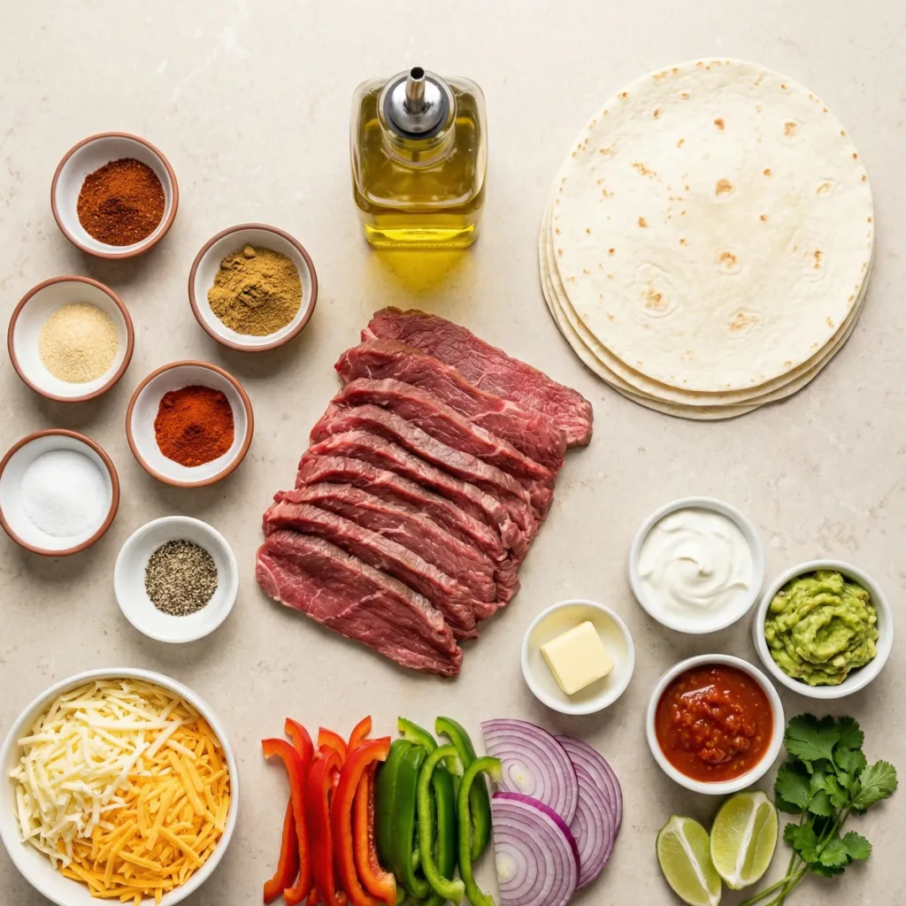 Ingredients for steak quesadilla including sliced steak, tortillas, cheese, peppers, onions, and spices