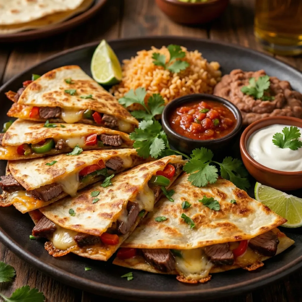 Steak quesadilla wedges served with Mexican rice, refried beans, salsa, and lime wedges