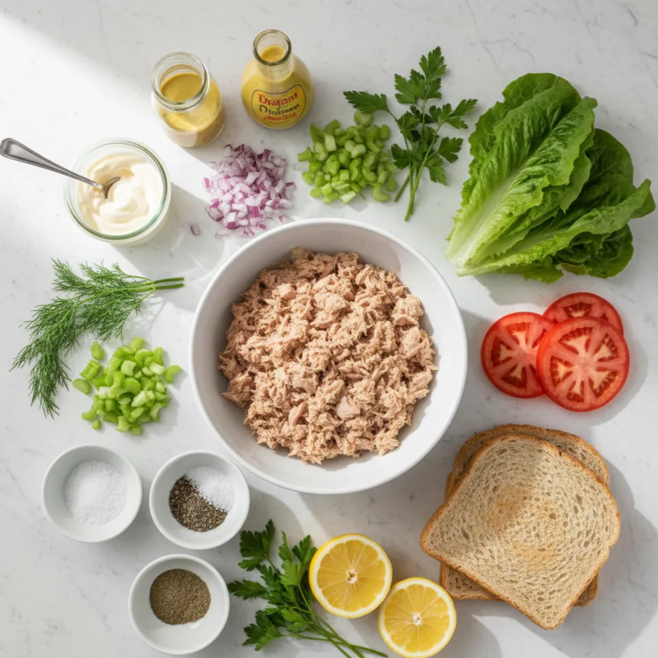 Ingredients needed for how to make tuna salad sandwich including tuna, mayo, bread, and vegetables