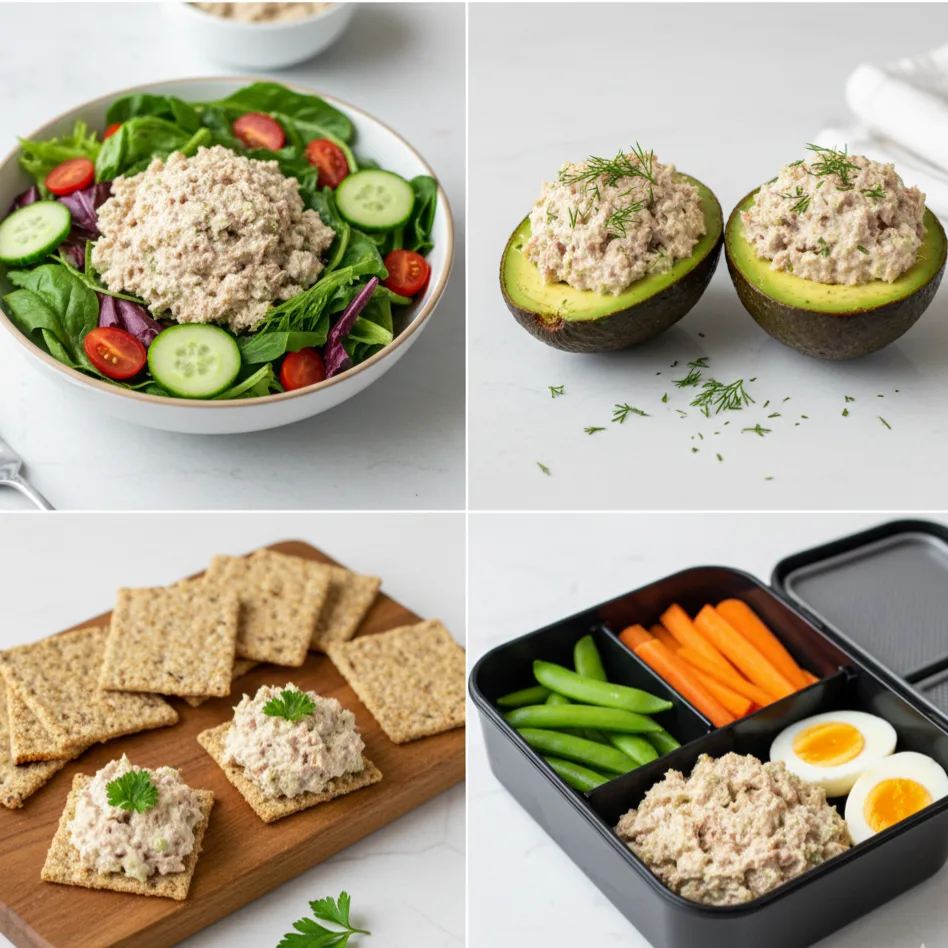 Serving ideas for tuna salad sandwich including greens, crackers, and lunchbox options